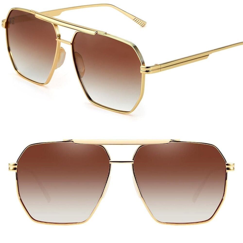 Unisex Gold Brown Gradient Polarized Double Bridge Pilot Driving Sunglasses